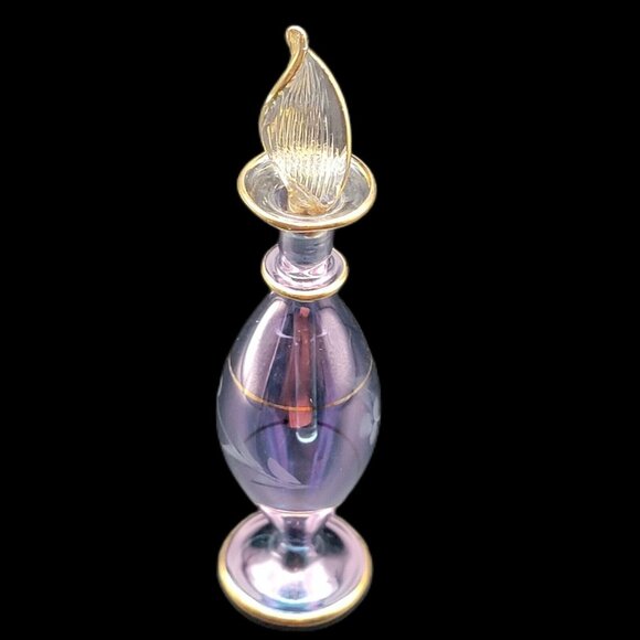 Egyptian Hand Blown Glass Perfume Bottle Blue Purple Iridescent Etched Floowers - Picture 1 of 5